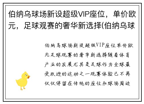 伯纳乌球场新设超级VIP座位，单价欧元，足球观赛的奢华新选择(伯纳乌球场tifo)